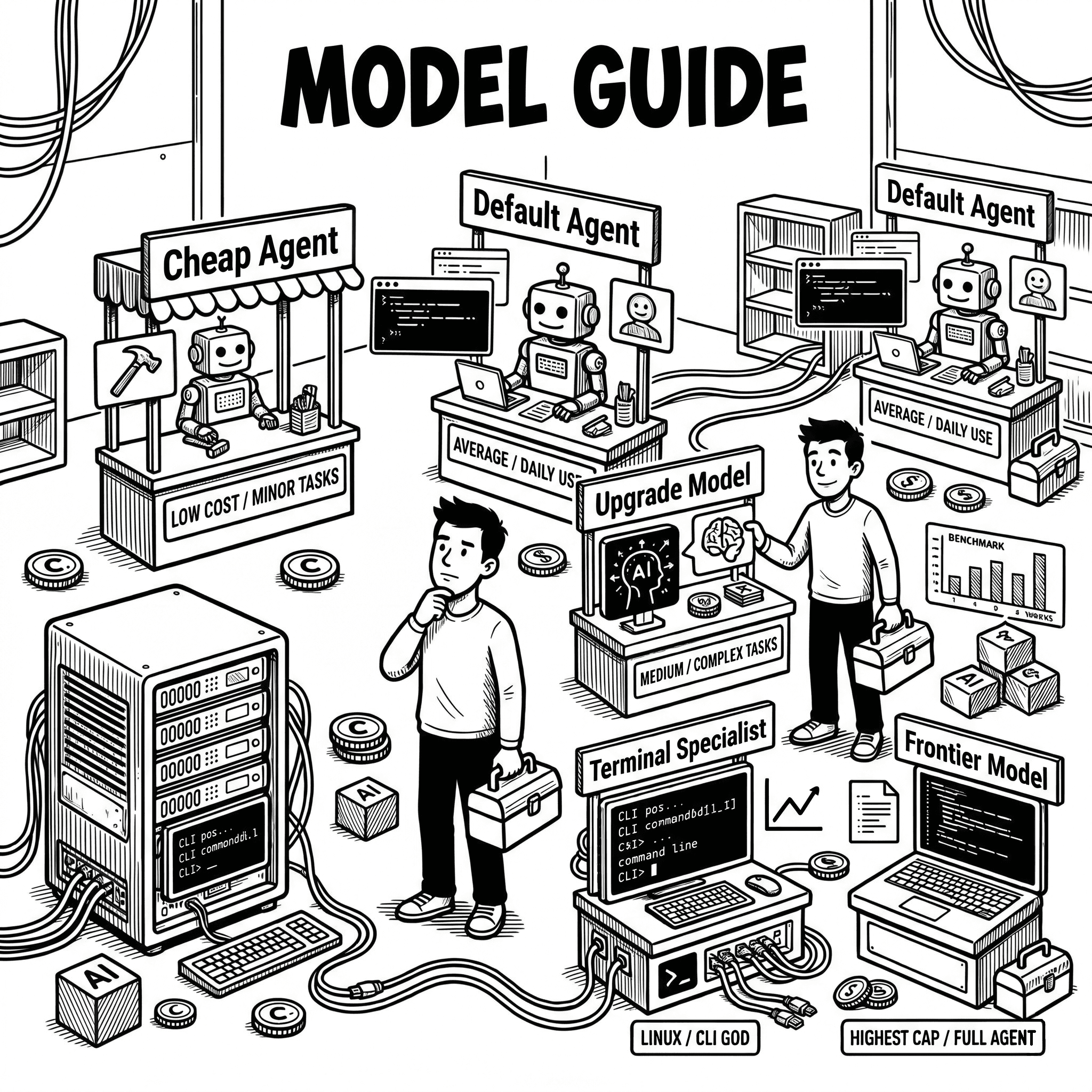 Black and white model guide marketplace for choosing coding agents