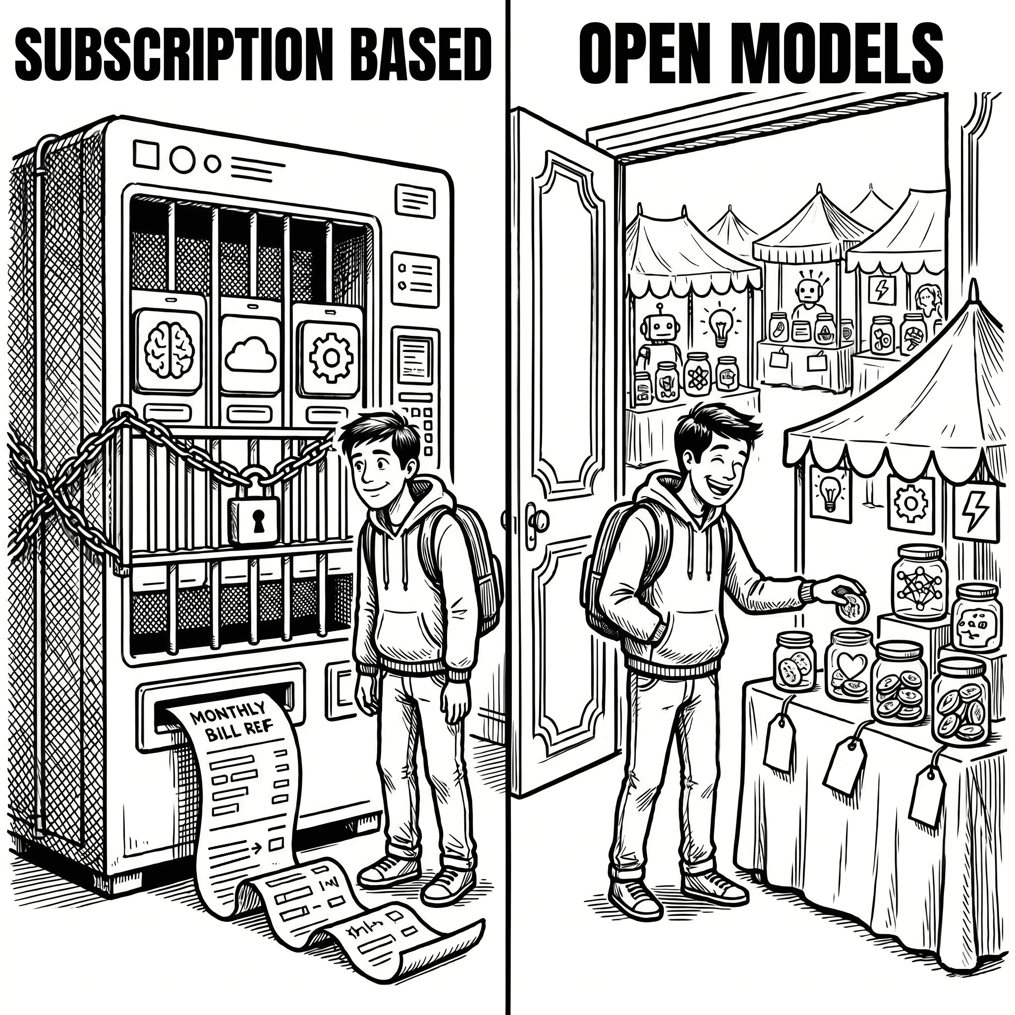 Subscription-based AI models compared with an open model marketplace