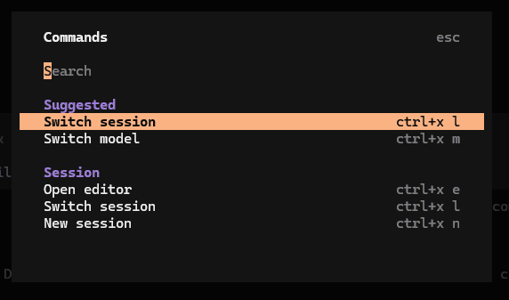 OpenCode command palette showing switch session and switch model commands