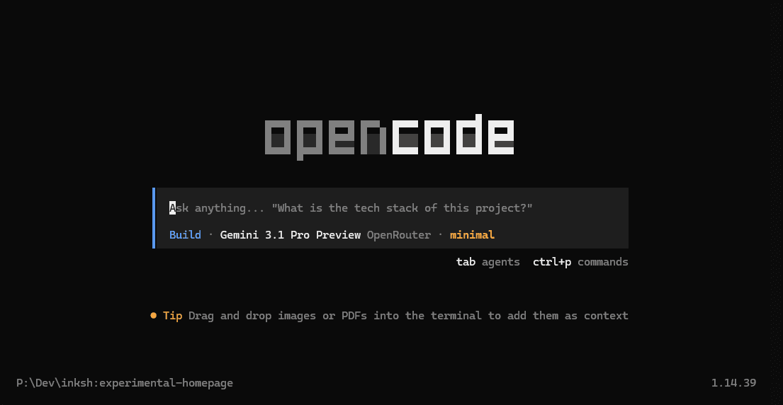 OpenCode starter screen showing build mode, Gemini 3.1 Pro Preview through OpenRouter, and the project folder name