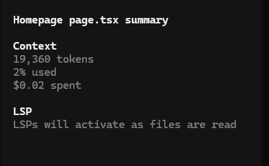 OpenCode usage readout showing context tokens, percentage used, and money spent