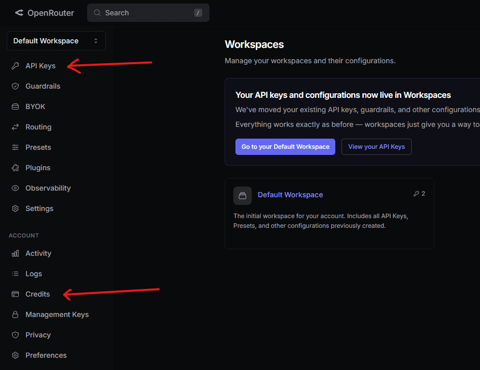OpenRouter workspace showing API Keys and Credits in the sidebar
