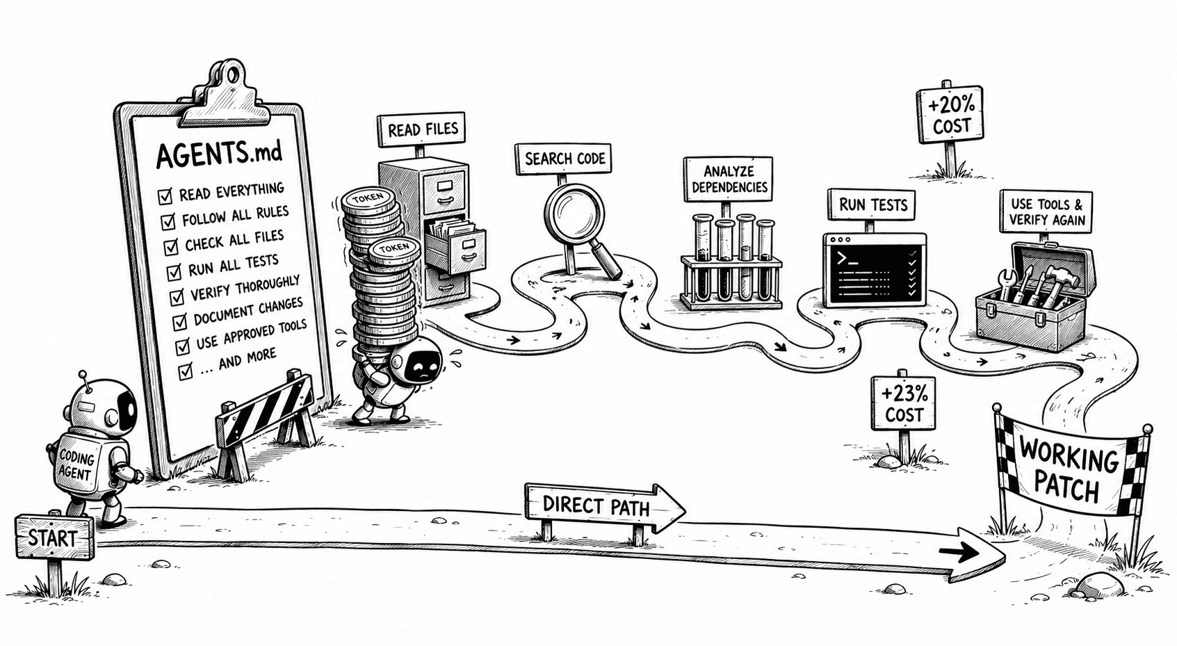 Coding agent choosing between a direct path to a working patch and a longer AGENTS.md route with extra reading, searching, testing, tools, and token cost