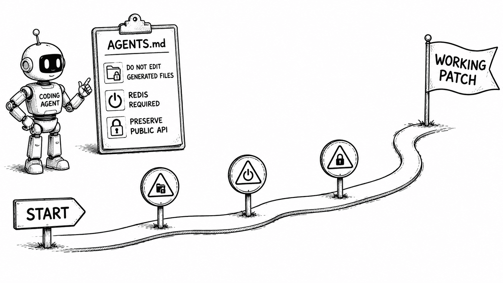 Senior engineer gives a coding agent concise warnings about generated files, Redis requirements, and a protected public API while a second README sits unused