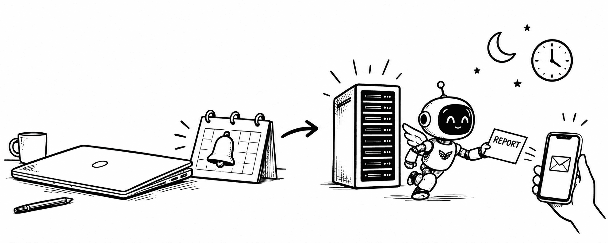 A sleeping laptop misses a calendar alert while an always-on server wakes Hermes to send a report to a phone