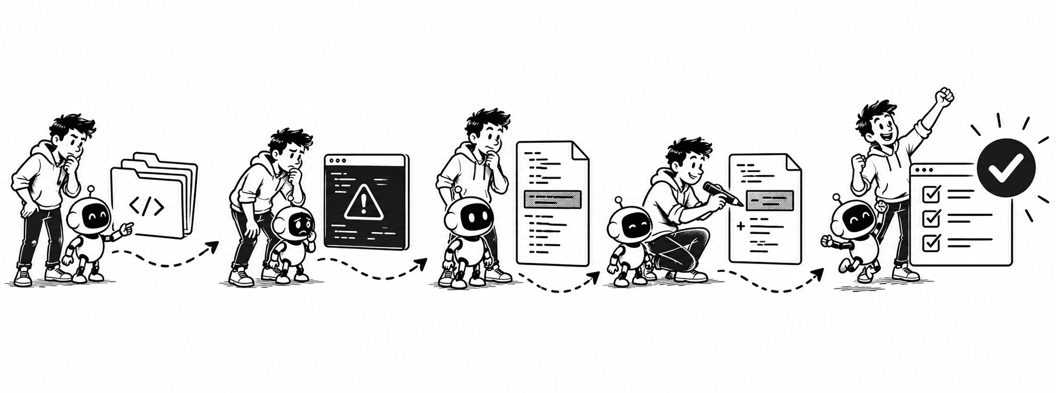A developer and the Hermes robot follow an evidence trail from repository through build error and patch to passing tests