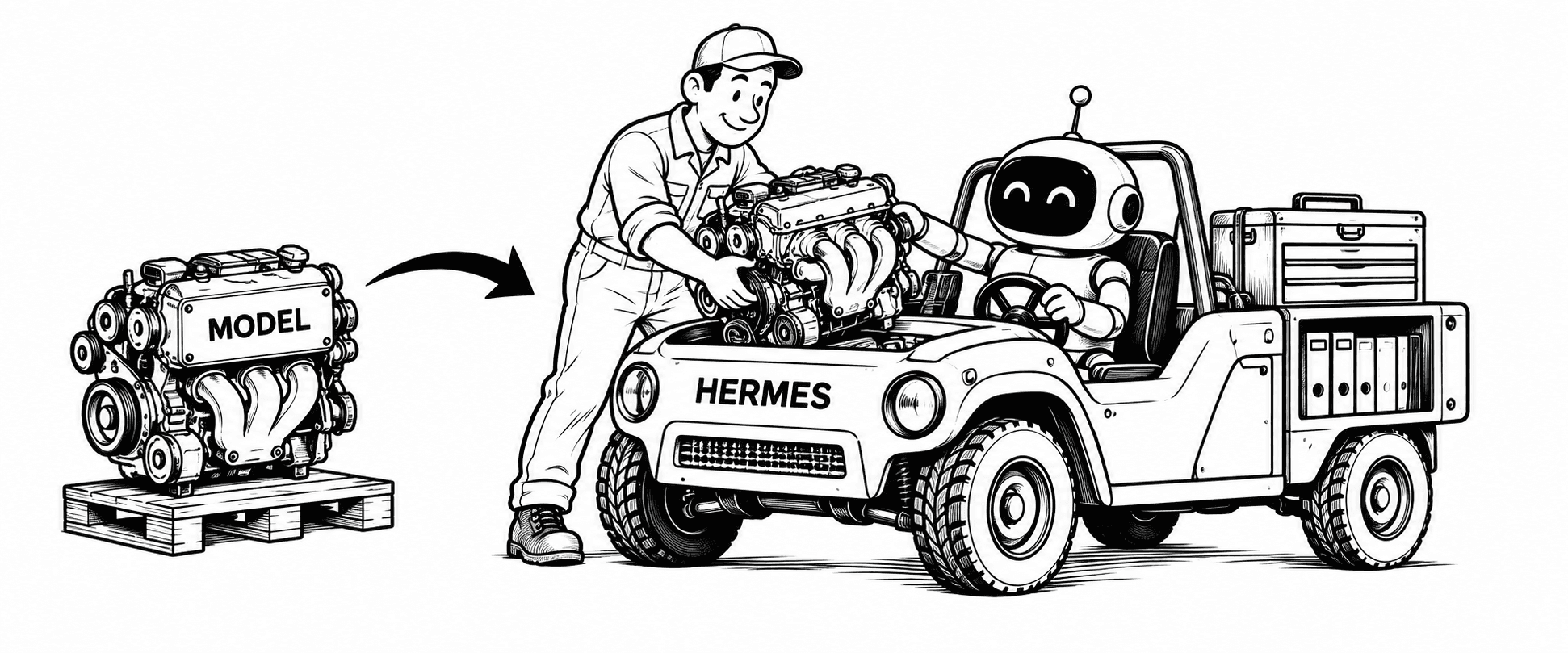 A mechanic swaps a model engine while the Hermes robot drives a tool-equipped car