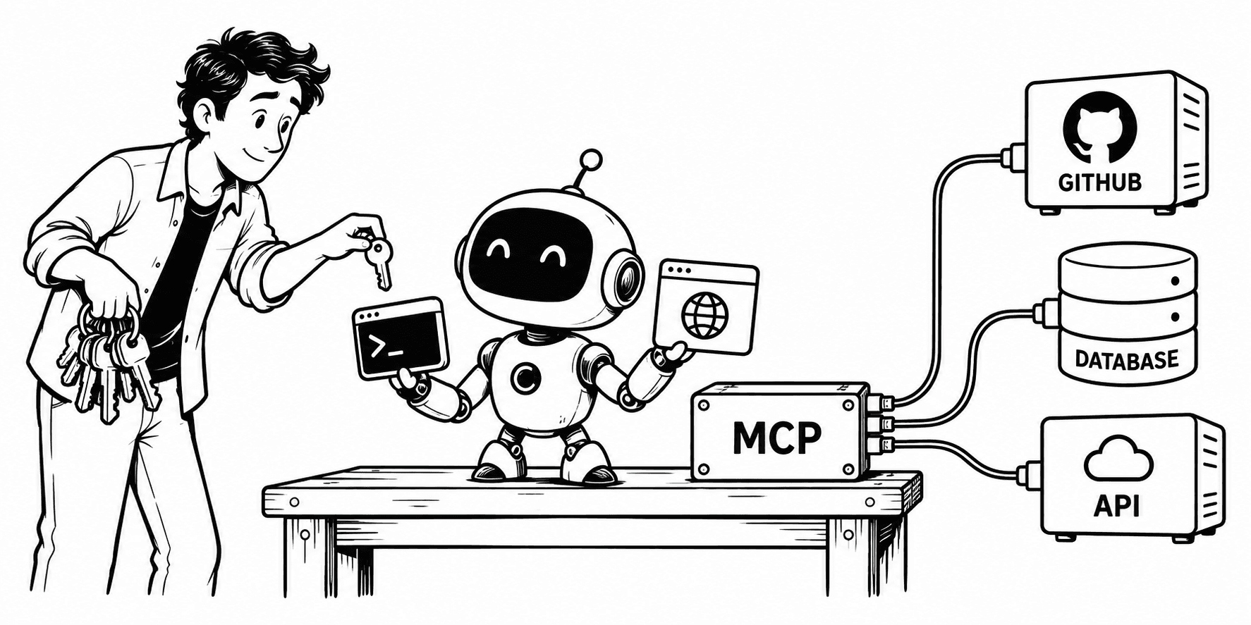 The Hermes robot uses terminal and browser tools through an MCP adapter while a human offers one carefully chosen key