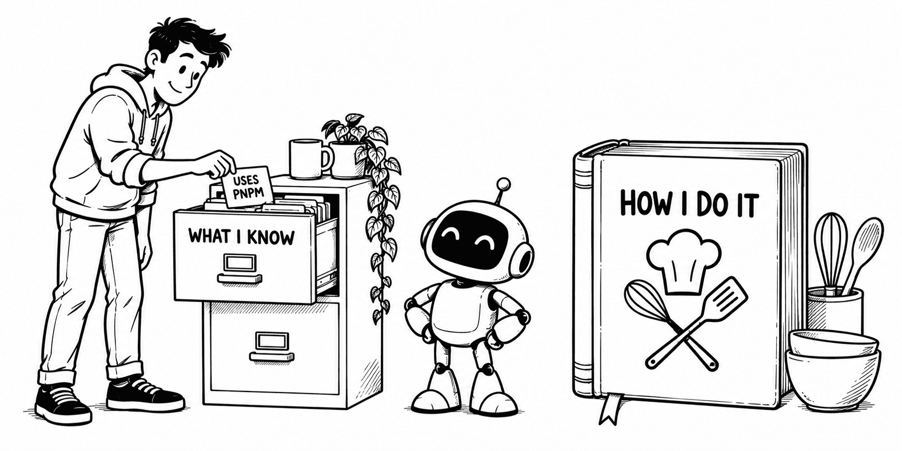 The Hermes robot stands between a filing cabinet for facts and a recipe book for procedures