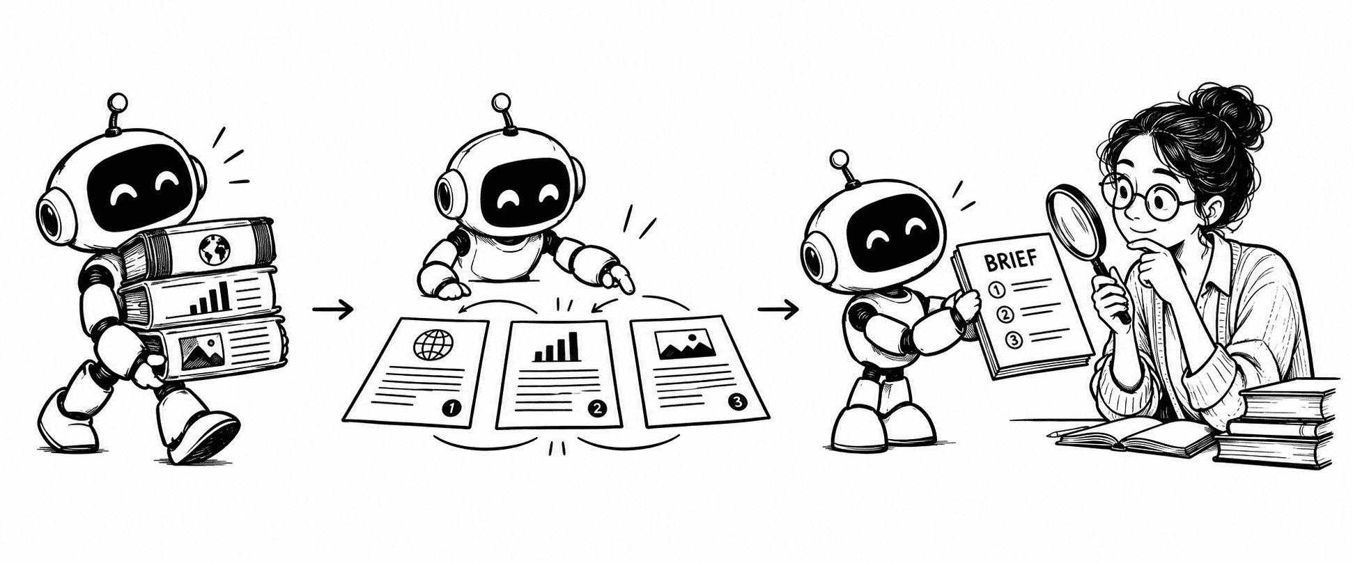 The Hermes robot compares three sources and hands a cited brief to a skeptical researcher with a magnifying glass