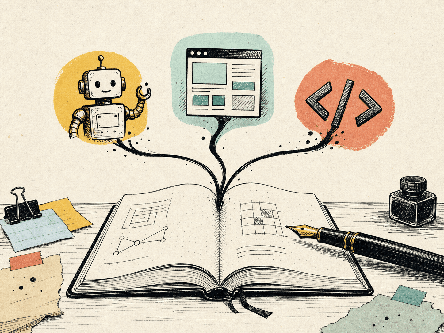 A hand-drawn field notebook whose ink trails branch into a robot, a web page, and code brackets