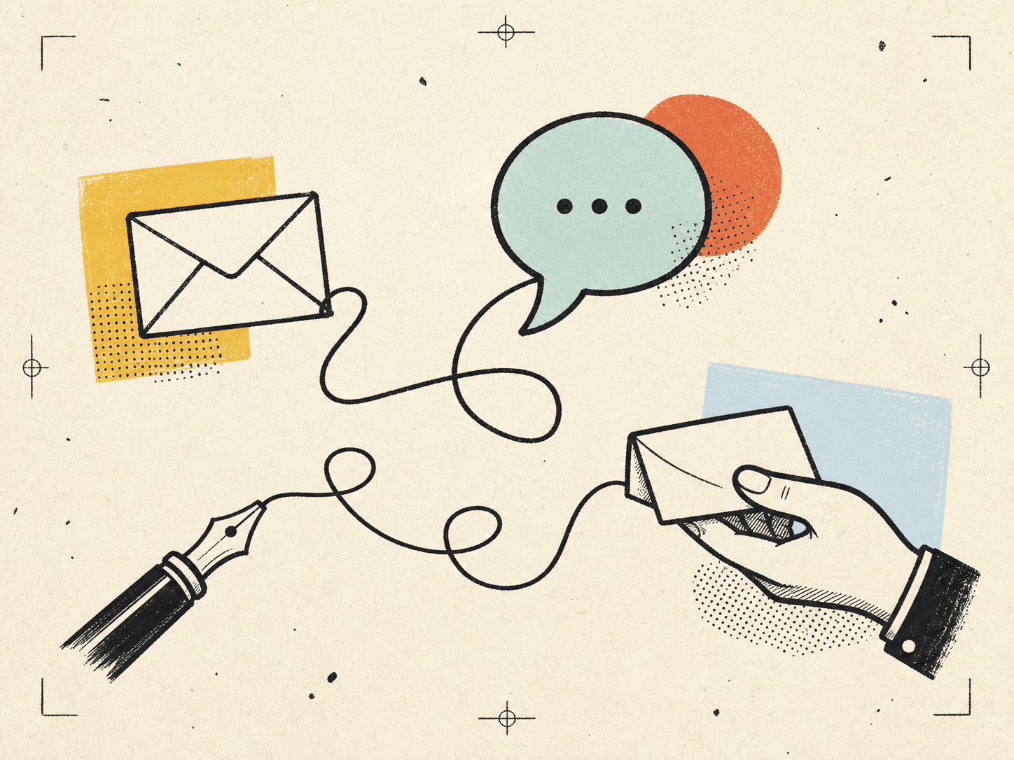 A hand-drawn fountain pen line connecting an envelope, a speech bubble, and a hand-delivered note